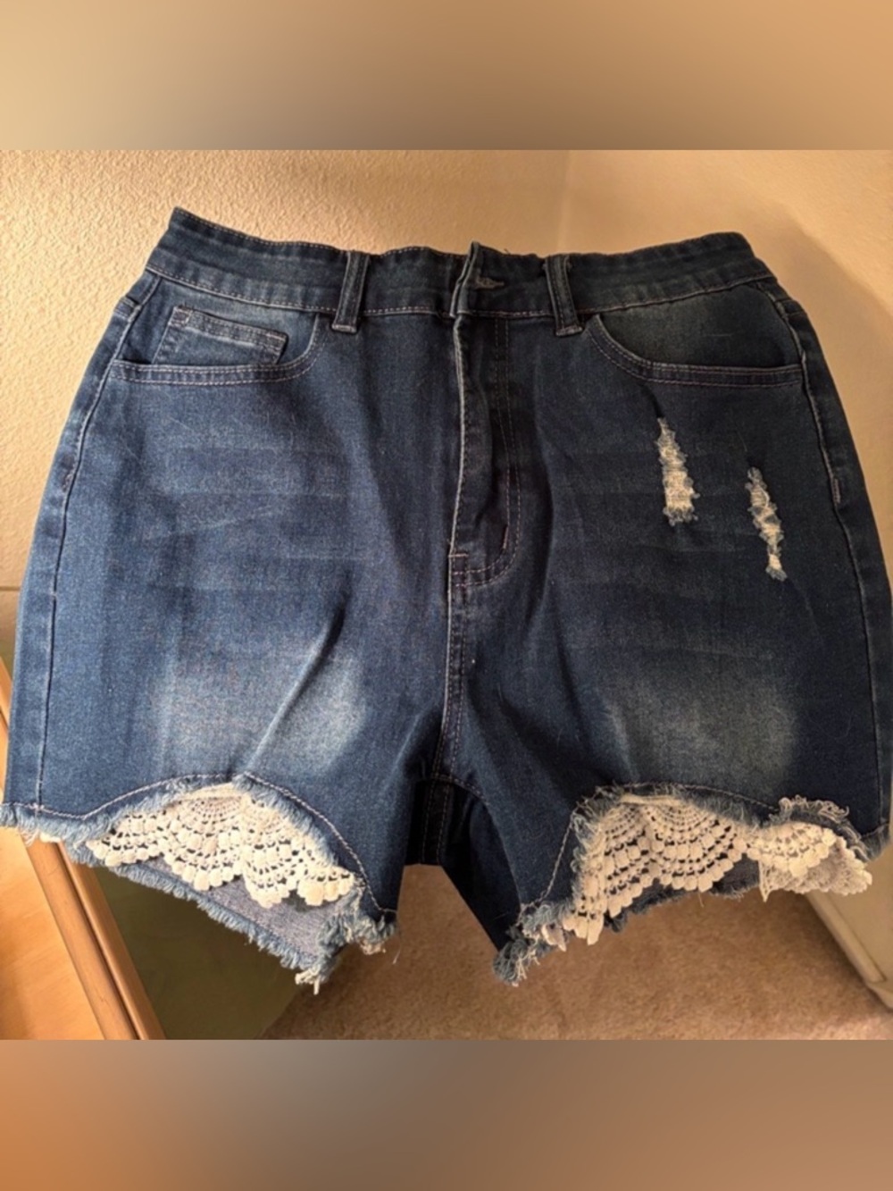 Denim Lace Trim High-Rise Women's Shorts - Blue